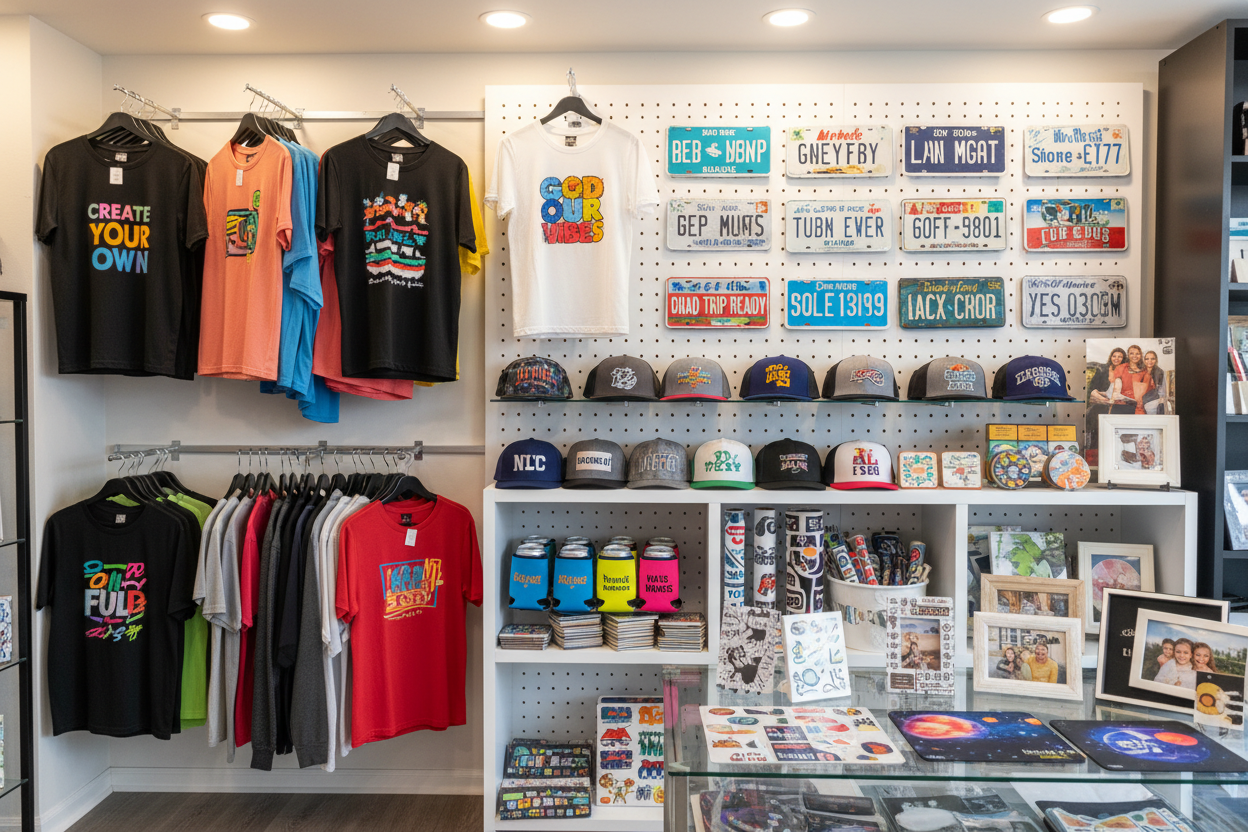 tshirt business with license plates,hats, sweatshirts, coasters, koozies, carstickers picture frames, mousepads